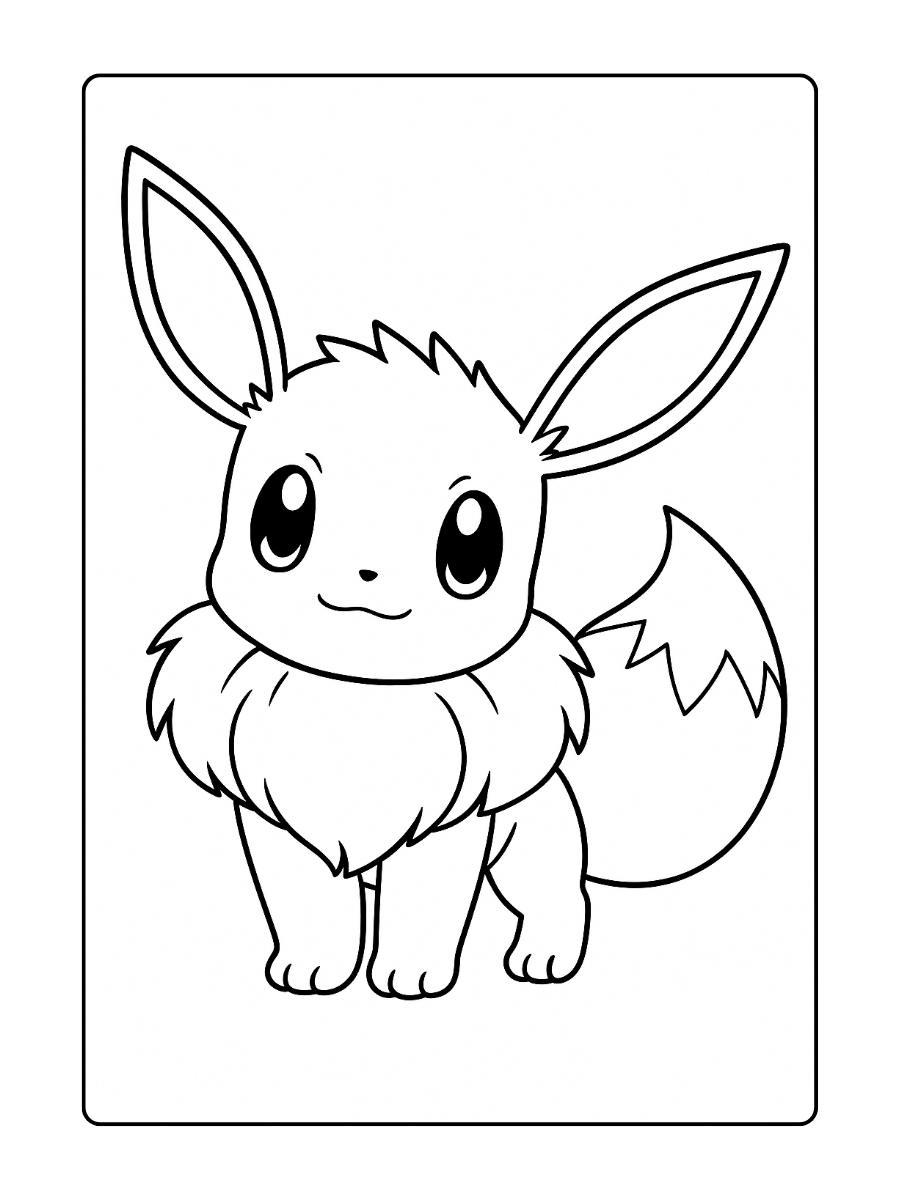 Eevee staat stil, met grote ogen en een pluizige kraag die het tot het schattige middelpunt van de kleurplaat maken