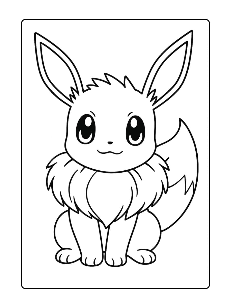 Eevee zit rechtop met grote glanzende ogen en pluizige staart