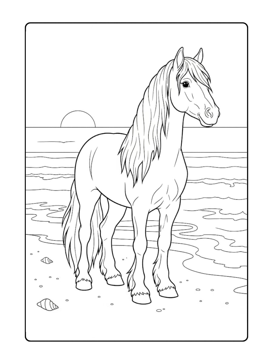 Kleurplaat Fries paard poserend aan het strand, met golven op de achtergrond