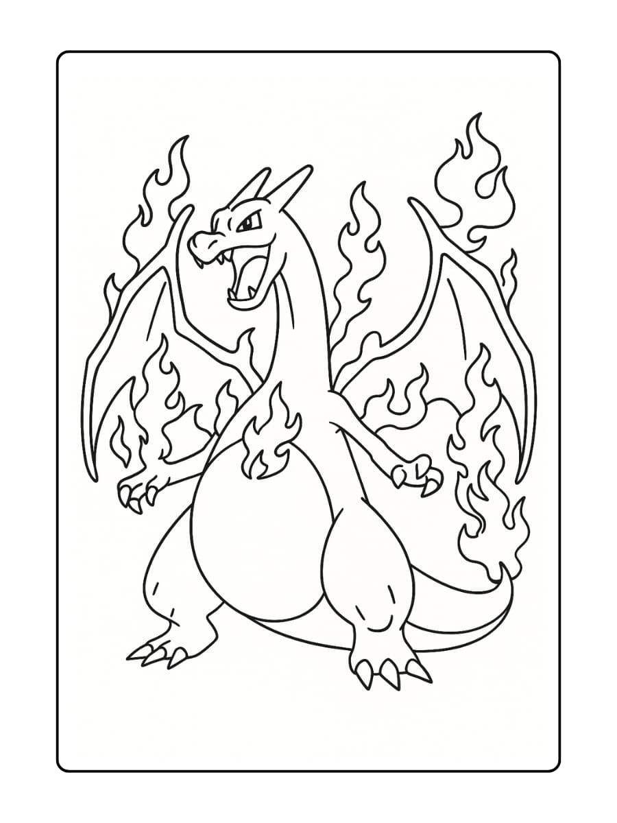 Gigantamax Charizard spreidt zijn vurige vleugels met vlammen langs zijn lijf