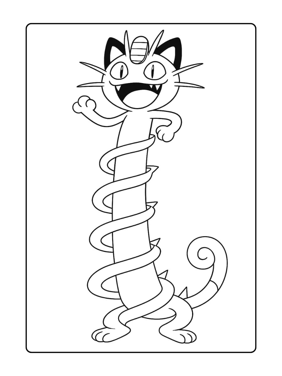 Gigantamax Meowth rekt zich extreem lang uit met een brede grijns