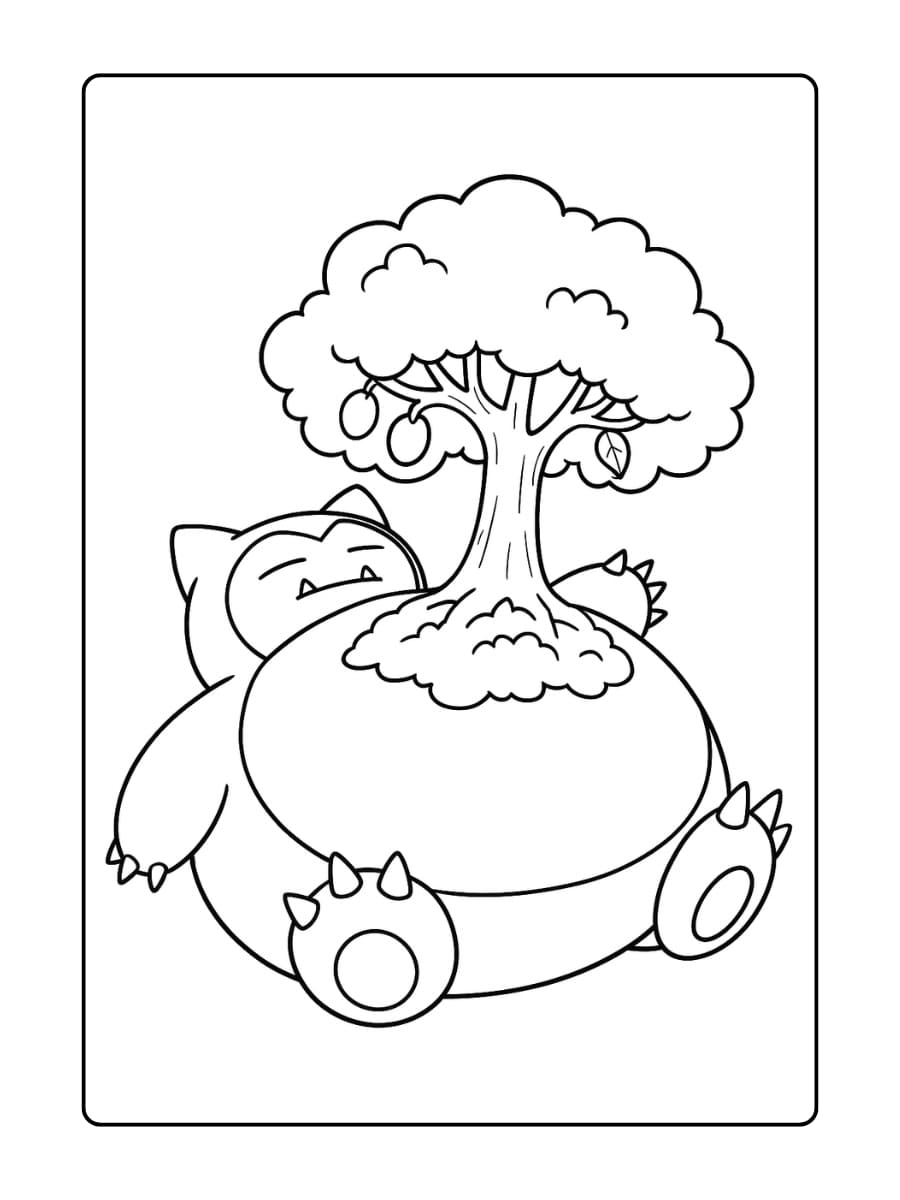Gigantamax Snorlax ligt op zijn rug met een groeiende boom op zijn buik
