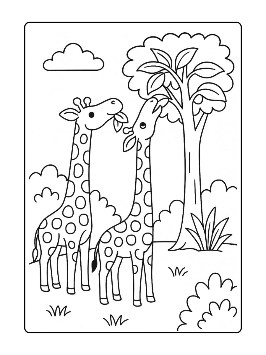 Kleurplaat dierentuin - Giraffen die hun lange nek strekken om bladeren uit een hoge boom te plukken