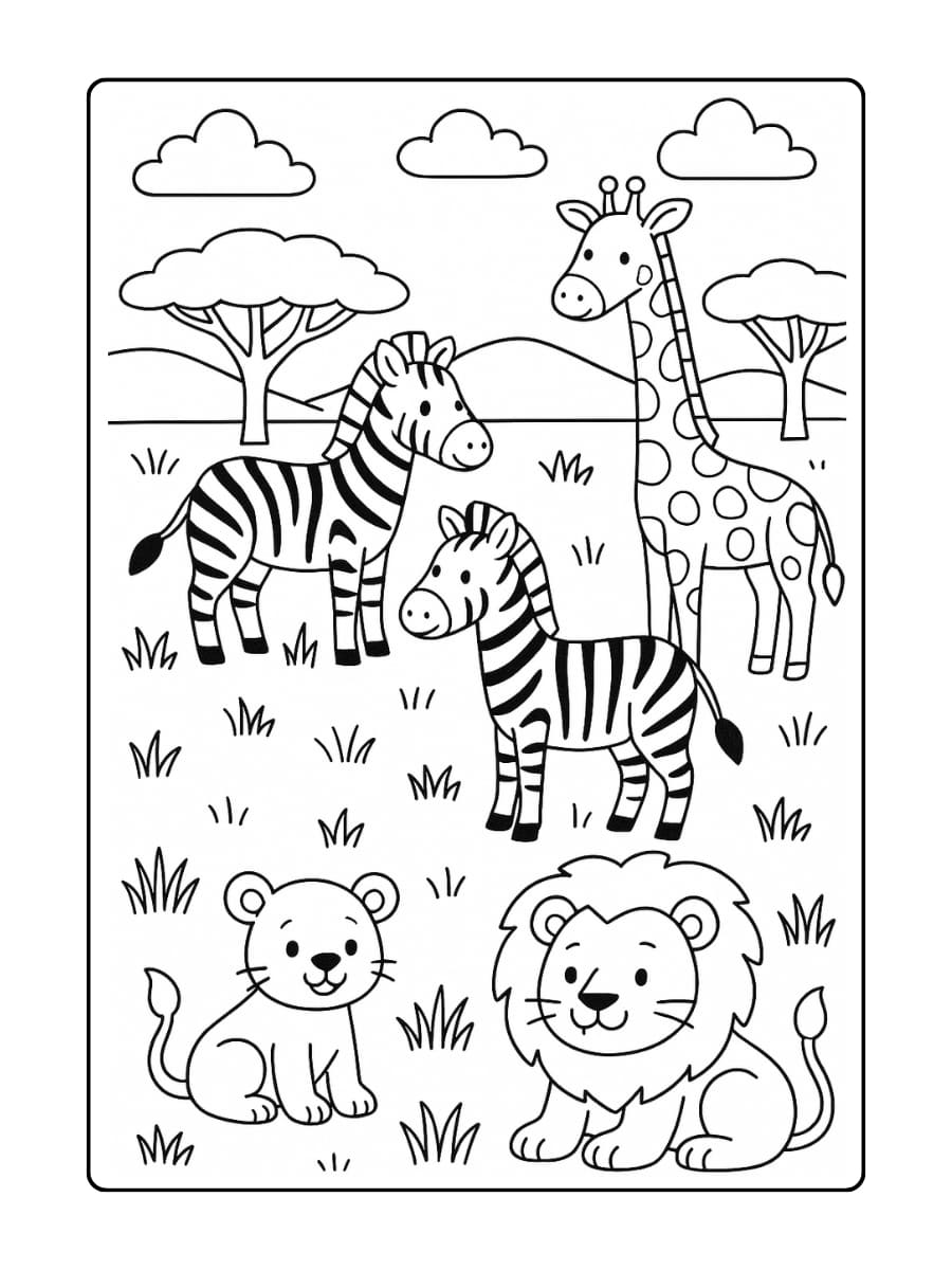 Kleurplaat dierentuin - Grote savanne met leeuwen, zebra’s, gira