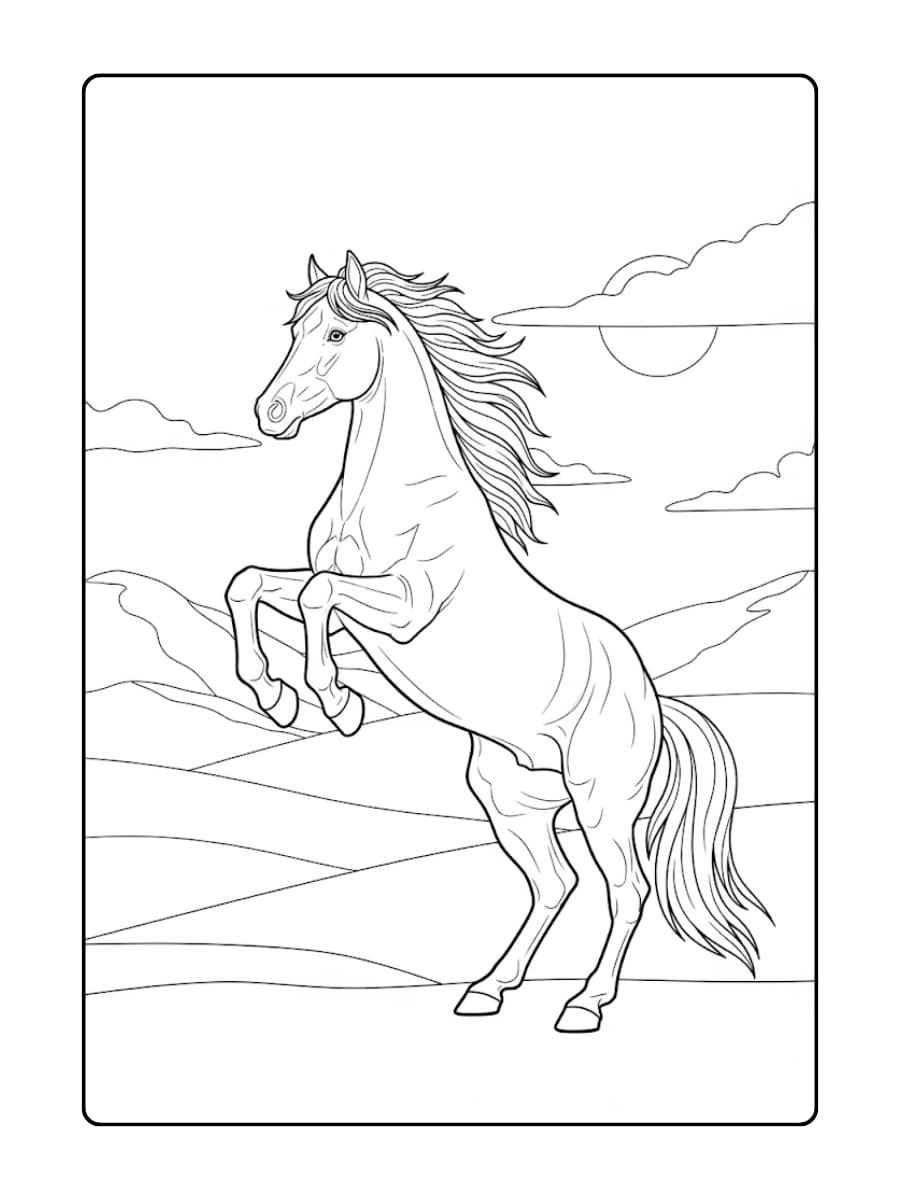 Kleurplaat paard op de tekening stijgert op zijn achterbenen