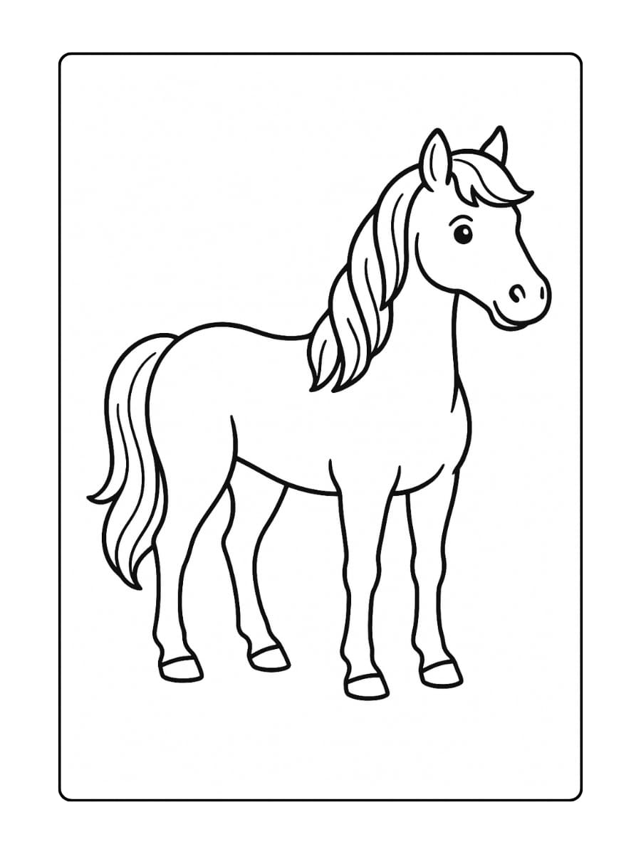 Kleurplaat paard staat rustig en kijkt vriendelijk naar voren