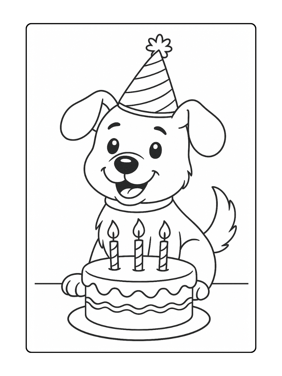 Kleurplaat Hond jarig met taart, kaarsjes en een feestmuts
