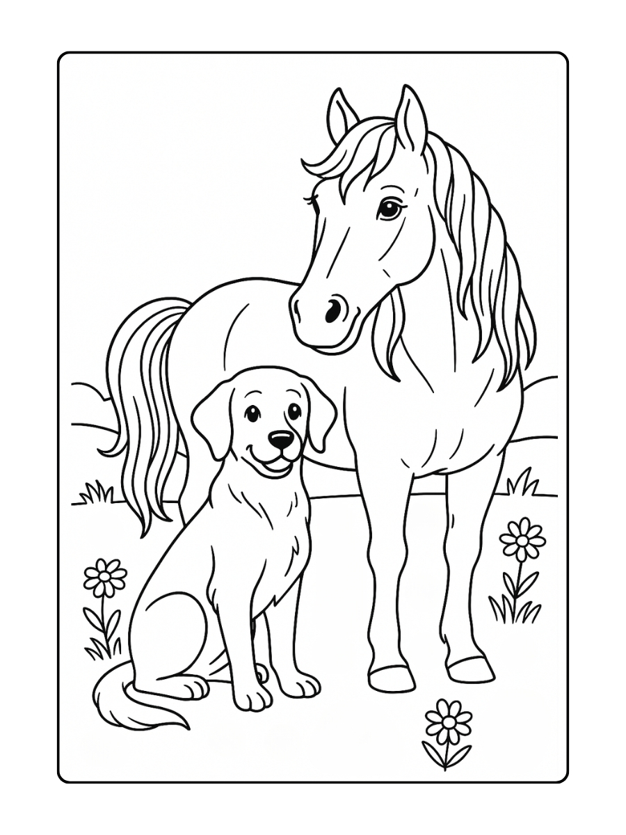 Kleurplaat Hond samen met een paard in een weiland