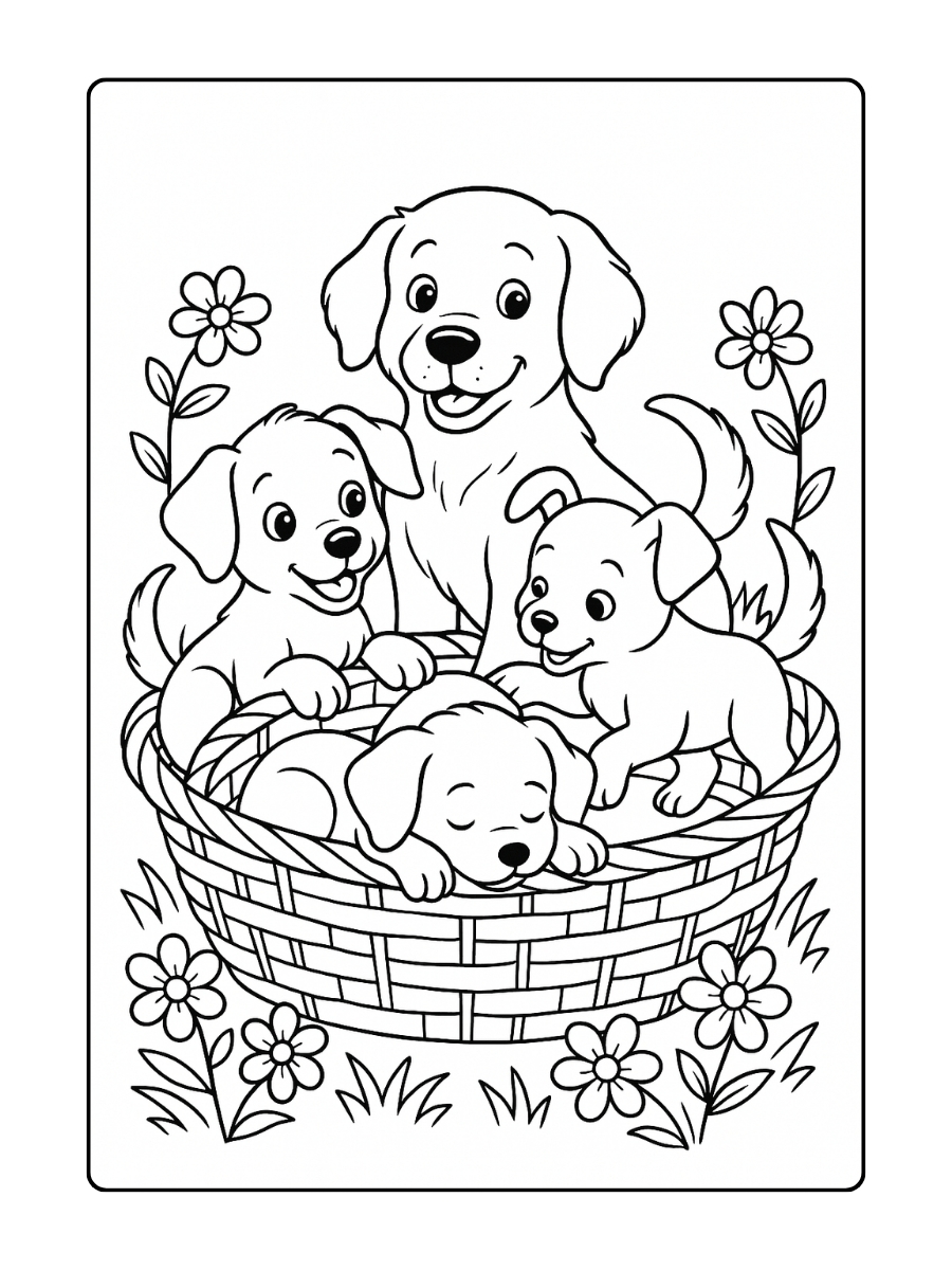 Kleurplaat Honden en puppies spelend samen in een mand