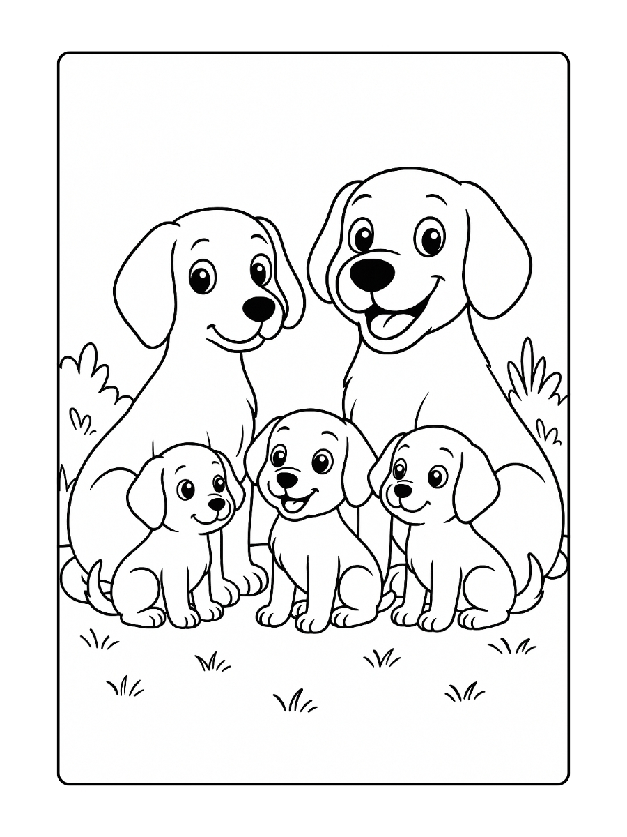 Kleurplaat Honden familie met moeder, vader en puppies samen