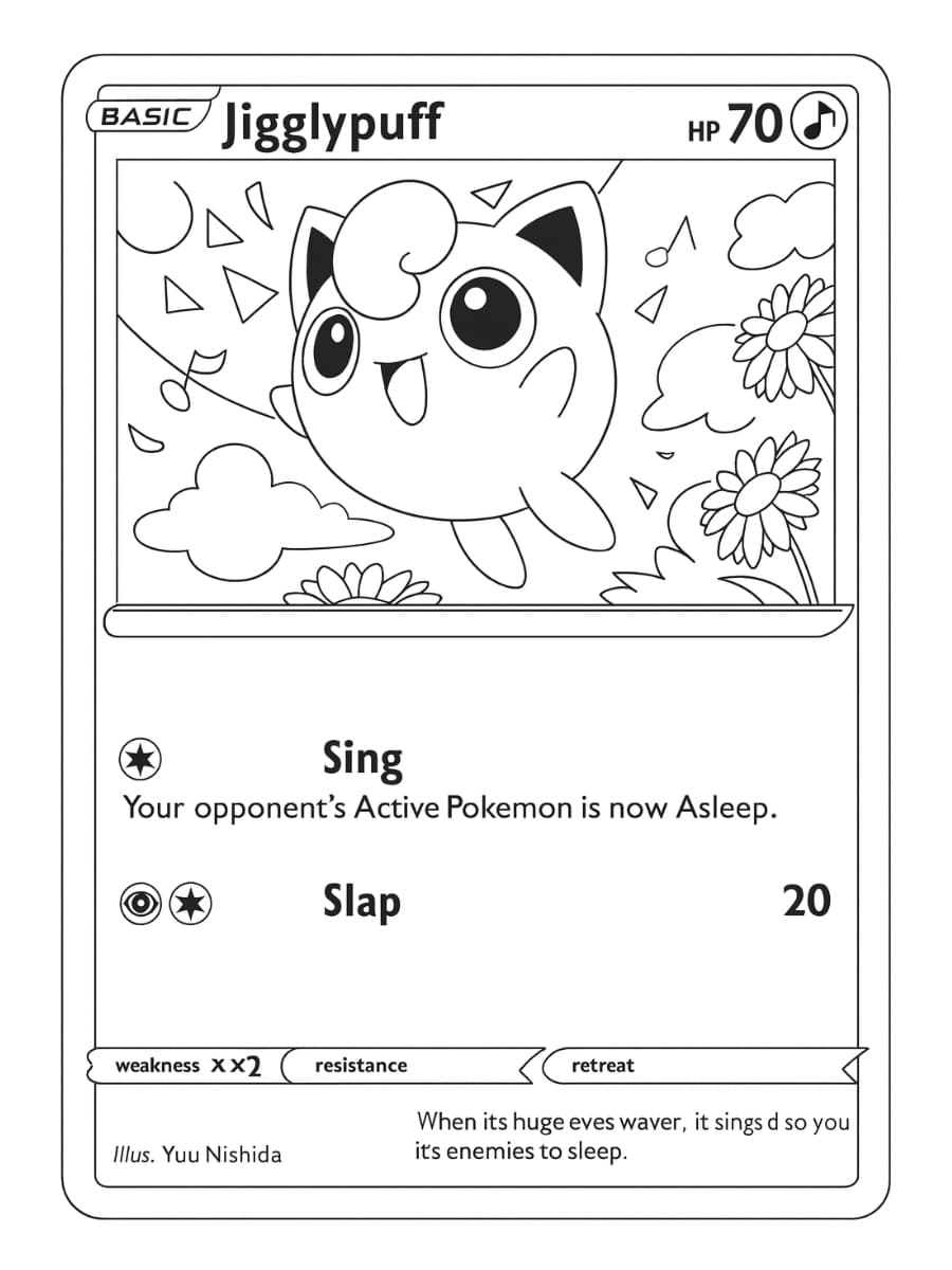Kleurplaat Jigglypuff als Pokémon kaart, vrolijk zwevend tussen bloemen en wolken met een blije uitdrukking