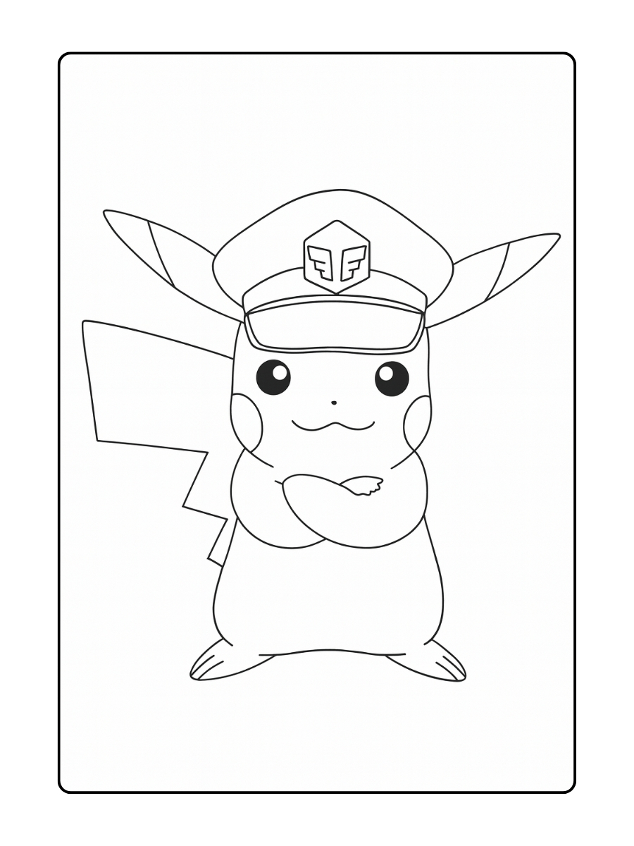 Kapitein Pikachu met gekruiste armen en een stoere blik, klaar voor avontuur!