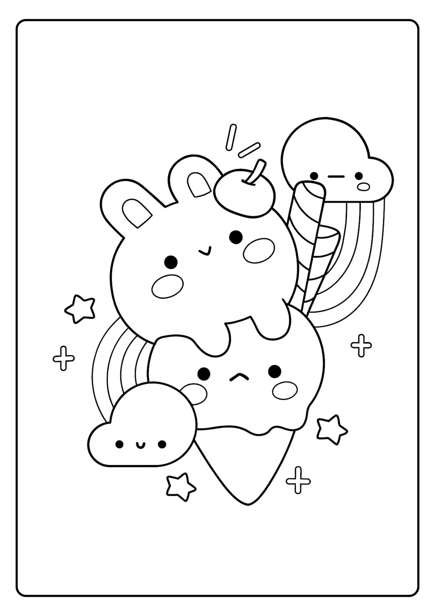 Kawaii kat houdt een groot ijsje vast met vrolijke sprinkles