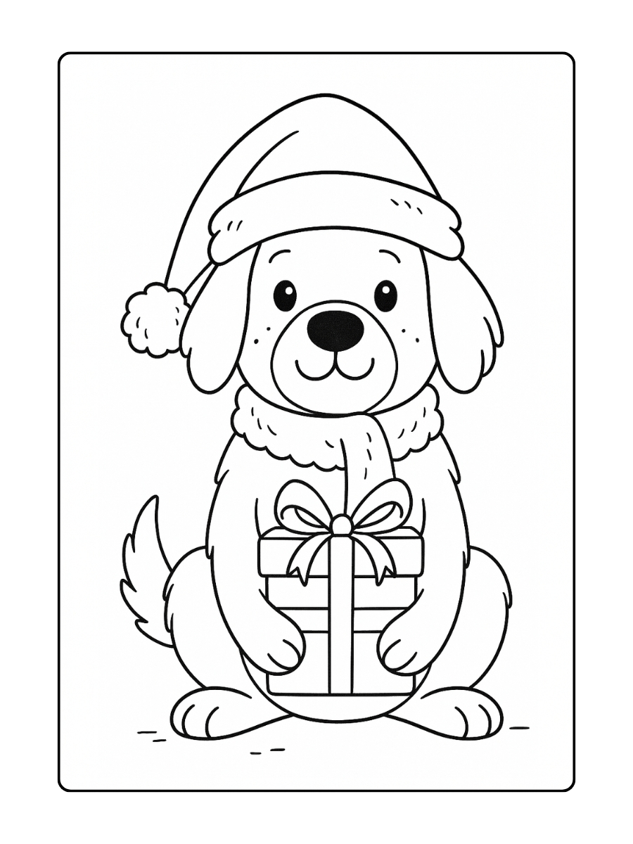 Kleurplaat Kerst hond met kerstmuts en een cadeautje