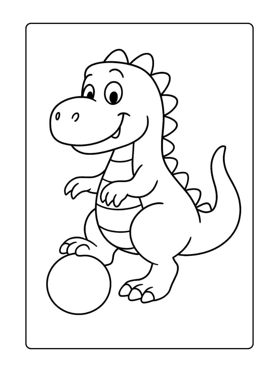 Kleurplaat Dino die een bal rolt met zijn poten, klaar om te spelen