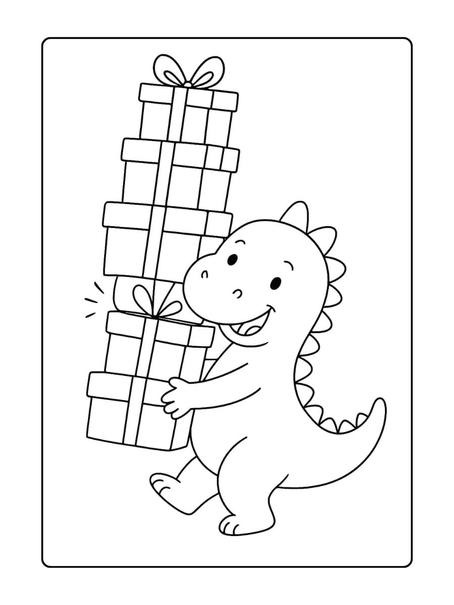 Kleurplaat Dino die een stapel cadeautjes draagt en bijna omvalt van het gewicht