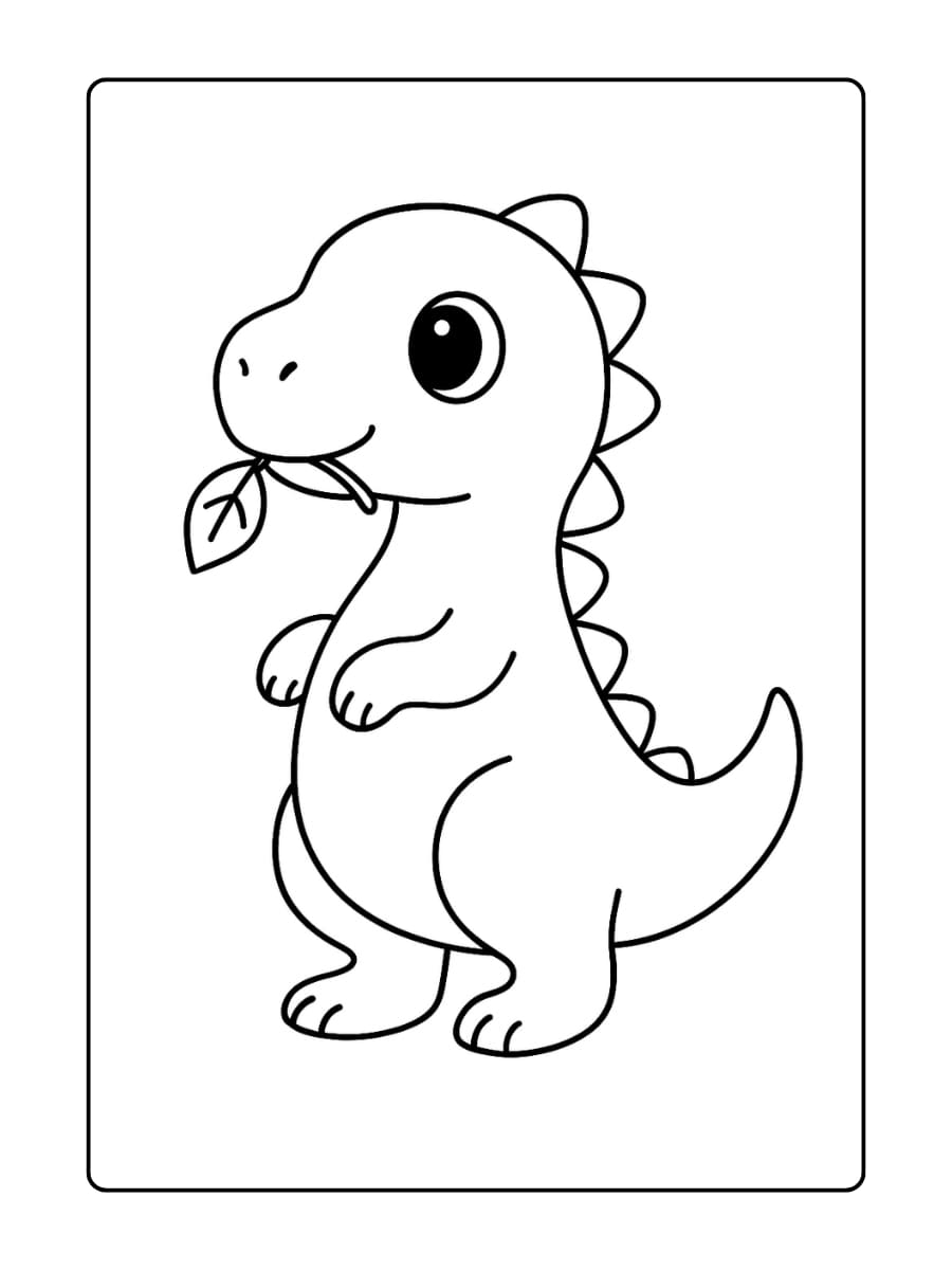 Kleurplaat Dino die rechtop staat en een klein blad in zijn mond houdt, schattig en eenvoudig