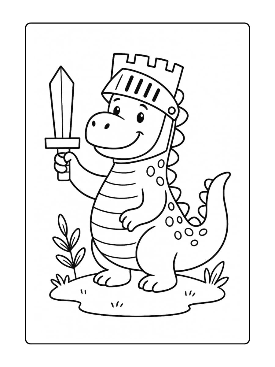 Kleurplaat Dino die zich verkleedt als ridder met een kartonnen zwaard en helm