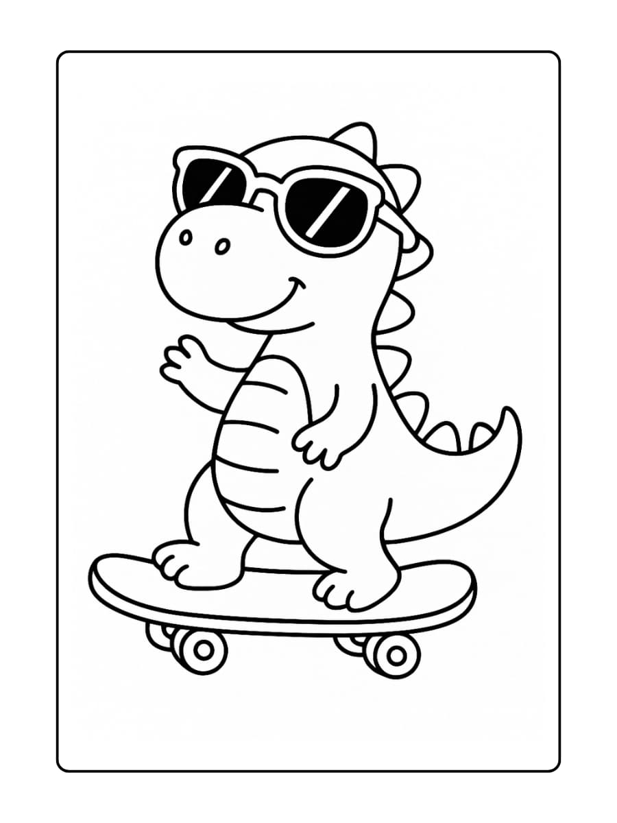 Kleurplaat Dino met een te grote zonnebril die op een skateboard rijdt