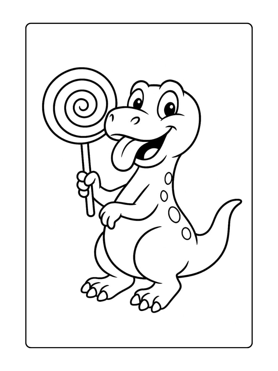 Kleurplaat Dinosaurus die een grote lolly vasthoudt en zijn tong uitsteekt