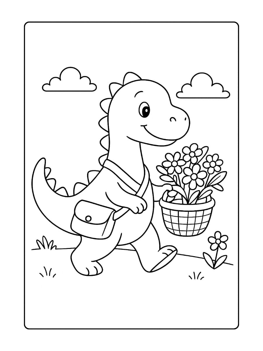 Kleurplaat Dinosaurus die een mand met bloemen rondbrengt alsof hij een postbode is