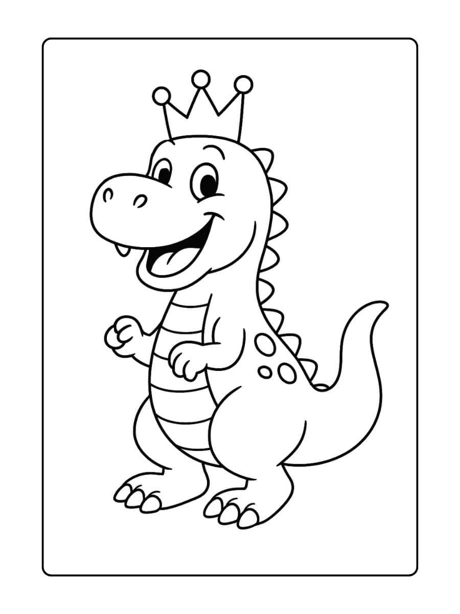 Kleurplaat Dinosaurus met een kroon op zijn hoofd alsof hij koning is