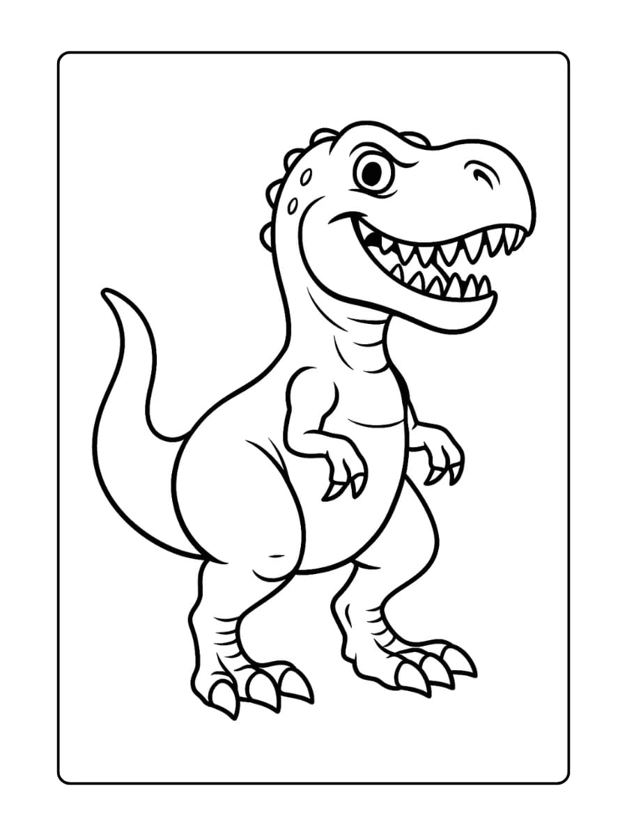 Kleurplaat T Rex Dino die met zijn grote tanden glimlacht en rechtop staat, klaar om ingekleurd te worden