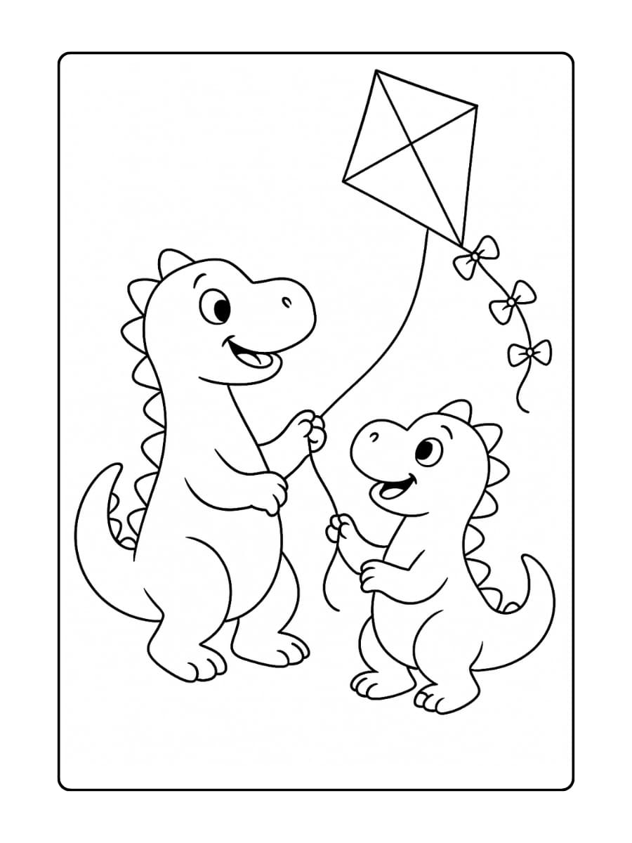 Kleurplaat Twee Dino’s die samen een vlieger oplaten in de lucht