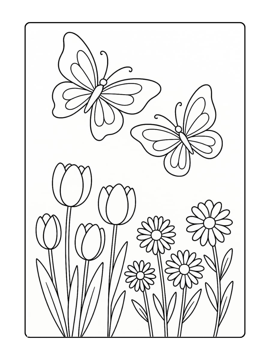 Kleurplaat bloemen en vlinder dansend boven een veld met tulpen en madeliefjes