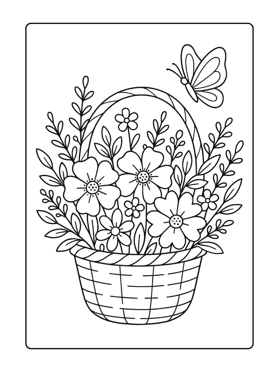 Kleurplaat bloemen en vlinder in een mand vol lente bloemen en takjes