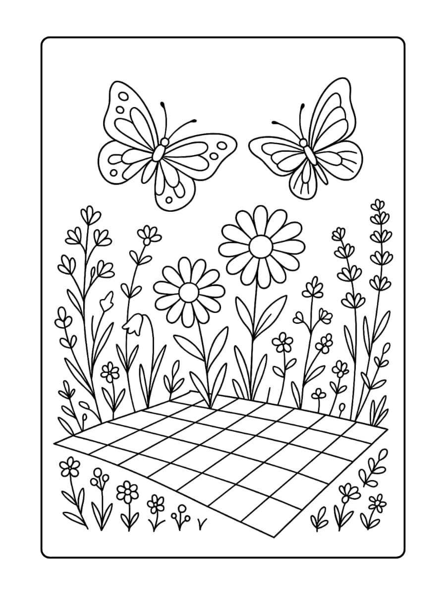 Kleurplaat bloemen en vlinder op een picknickkleed vol wilde bloemen