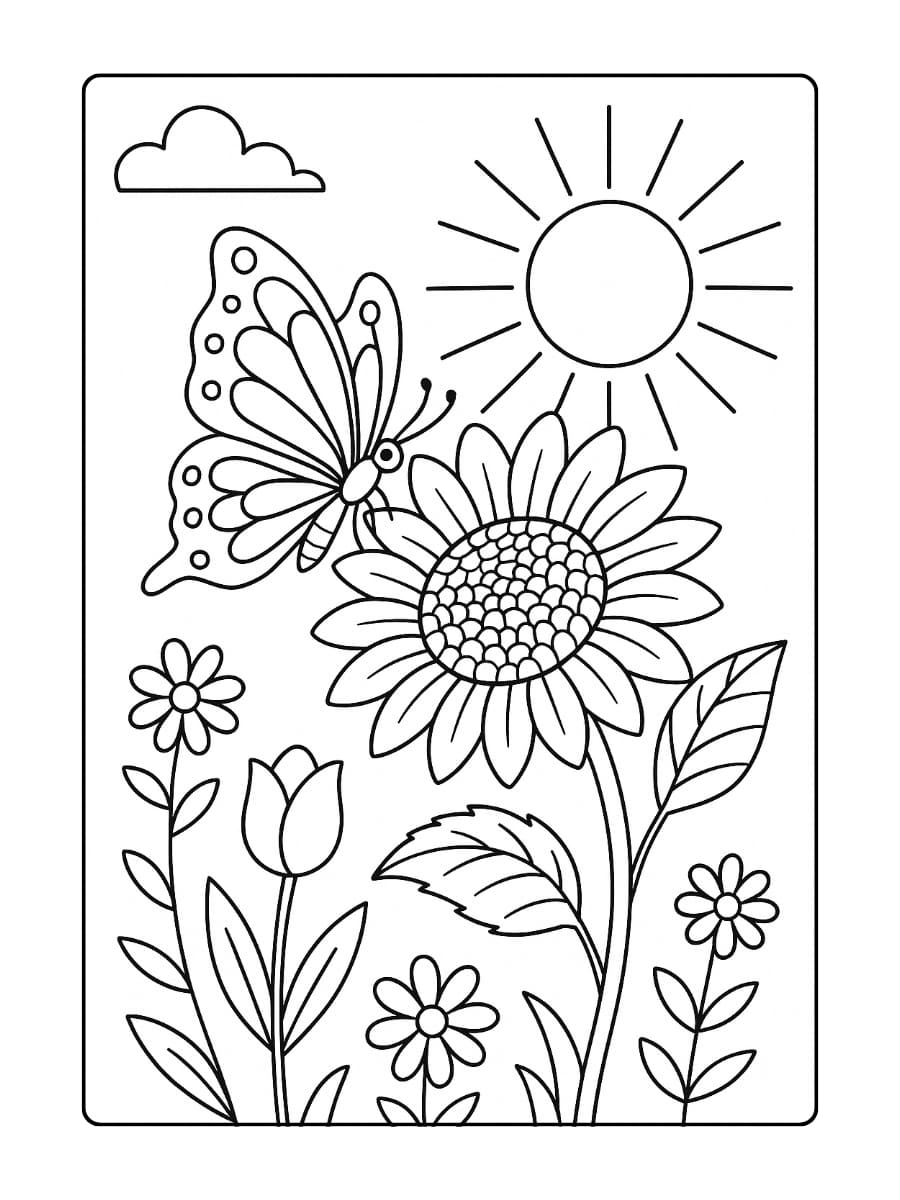 Kleurplaat bloemen en vlinder op een zonnebloem, terwijl de zon straalt op de achtergrond