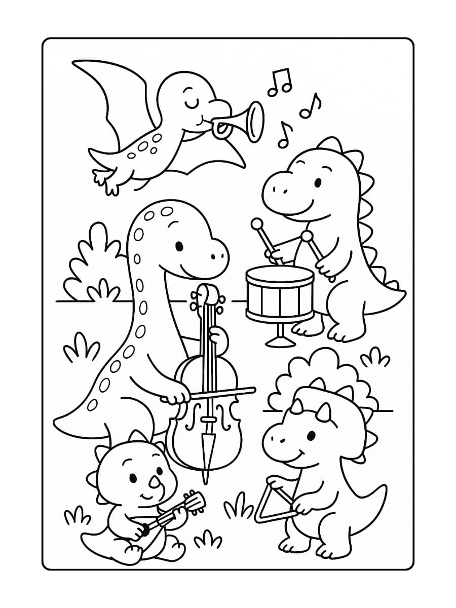 Kleurplaat dinosaurussen die in een orkest speelt, ieder met een ander instrument
