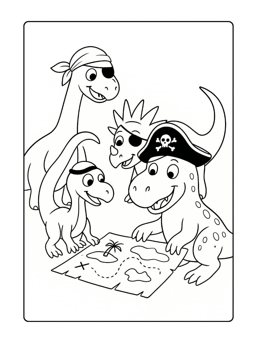 Kleurplaat dinosaurussen die verkleed zijn als piraten en een schatkaart bestuderen