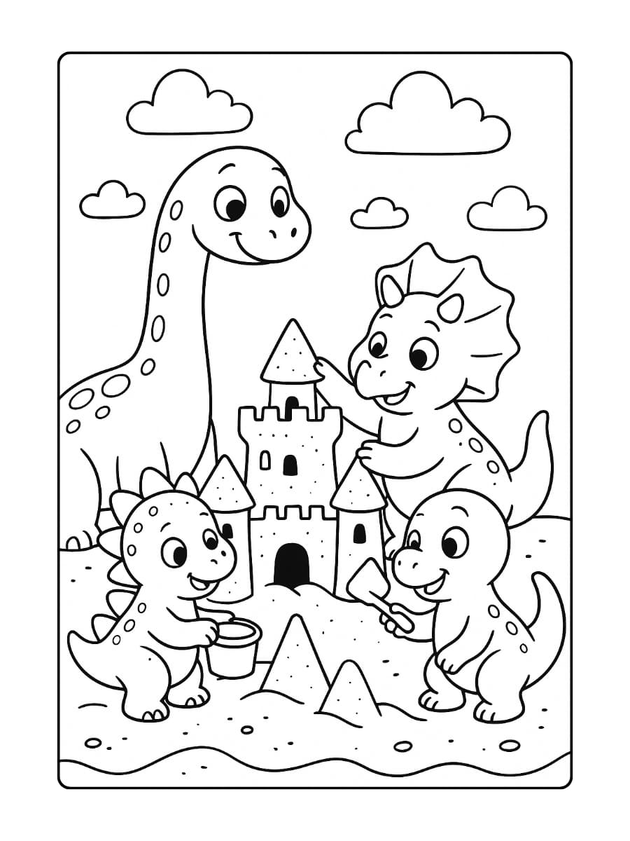 Kleurplaat groepje Dino’s dat samen een grote zandkasteel bouwt
