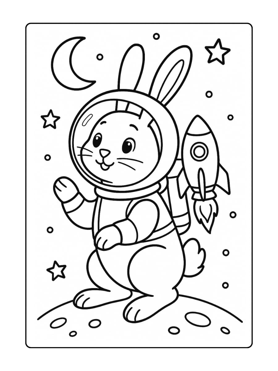 Kleurplaat konijn als astronaut met een ruimtehelm en kleine raket op zijn rug