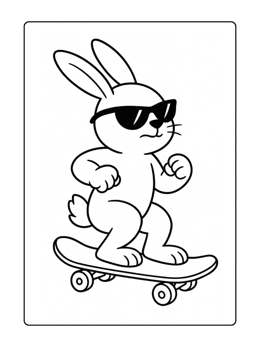 Kleurplaat konijn dat op een skateboard rijdt met een stoere houding en zonnebril