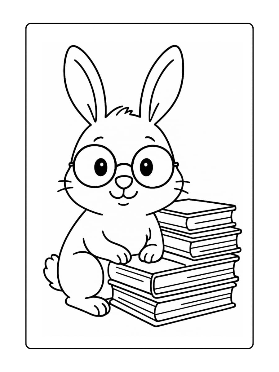Kleurplaat konijn met een bril en een stapel boeken alsof hij een professor is
