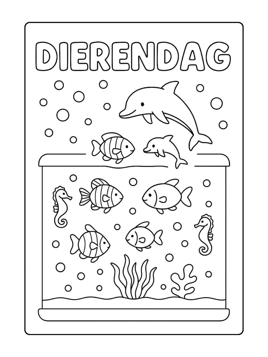 Kleurplaat van Dierendag met een aquarium vol vissen, zeepaardjes en dolfijnen, waarbij de woorden Dierendag in bubbelvorm worden weergegeven
