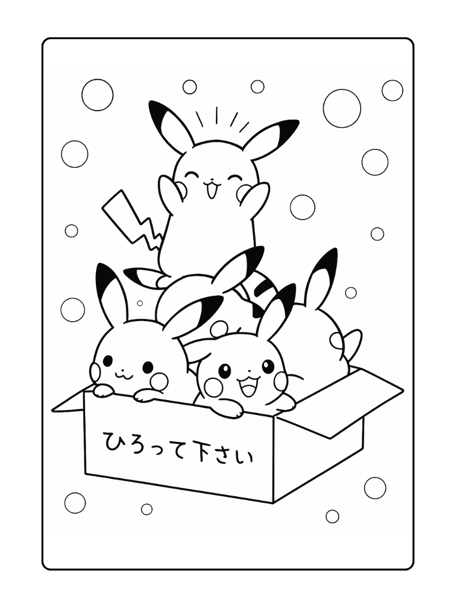Kleurplaat van vijf kawaii Pikachu die vrolijk in en op een kartonnen doos zitten