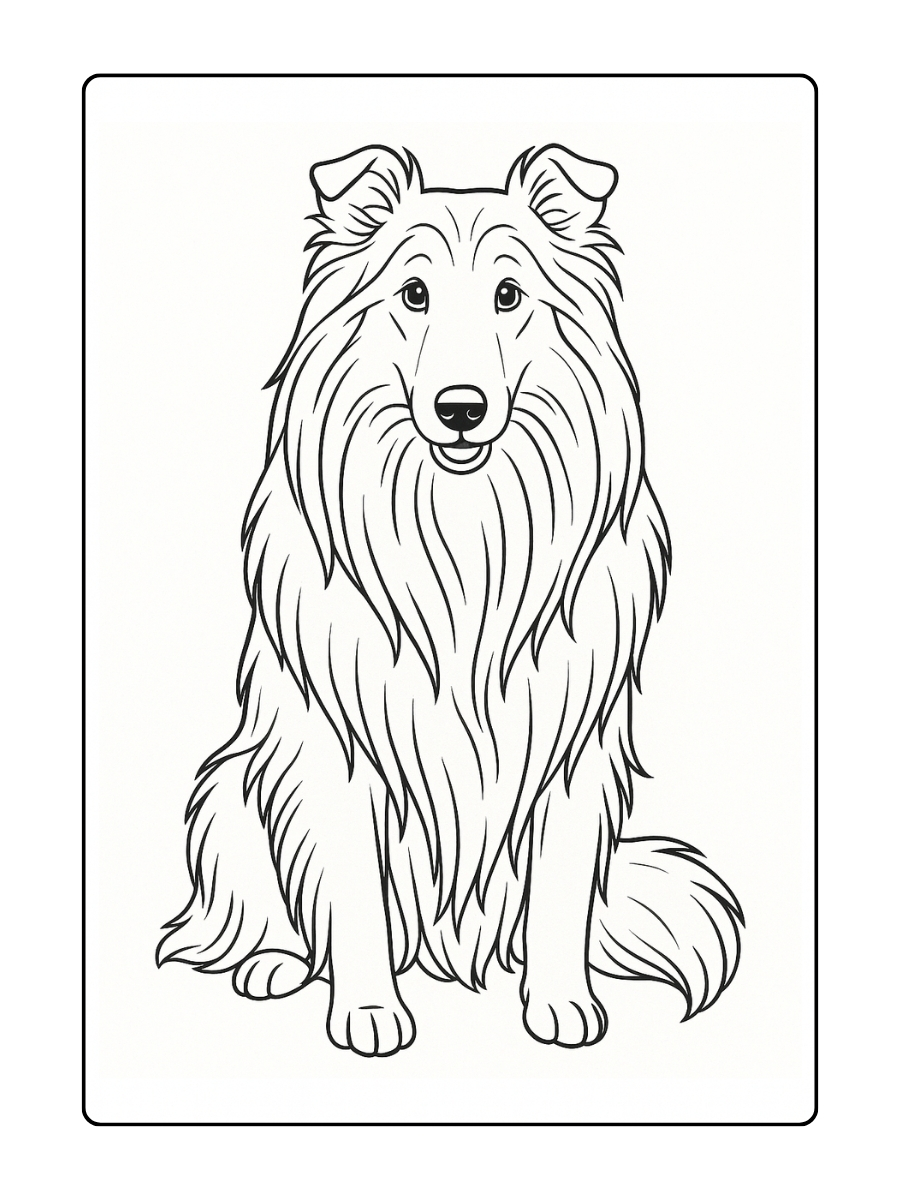 Kleurplaat Lassie hond met lange haren en vriendelijke ogen