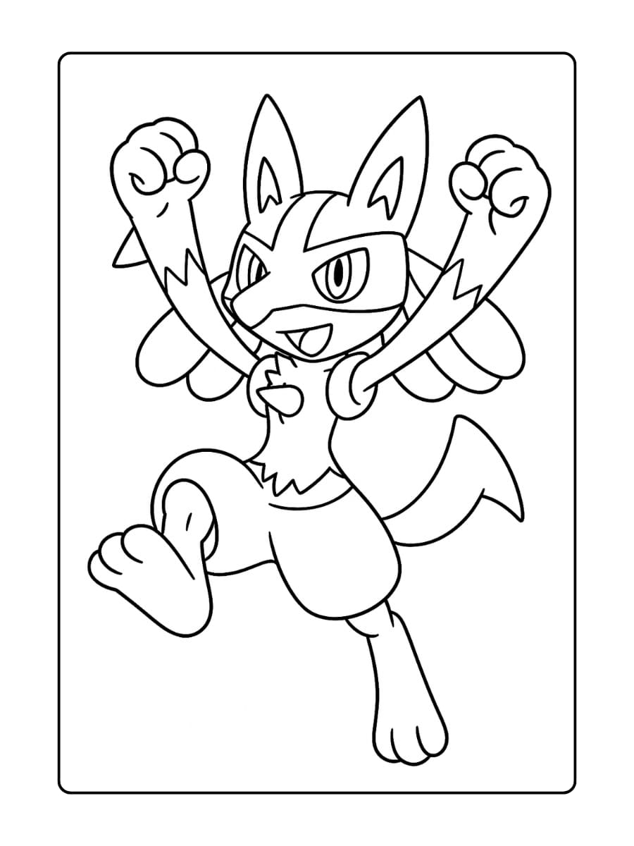 Lucario springt vooruit met beide vuisten omhoog