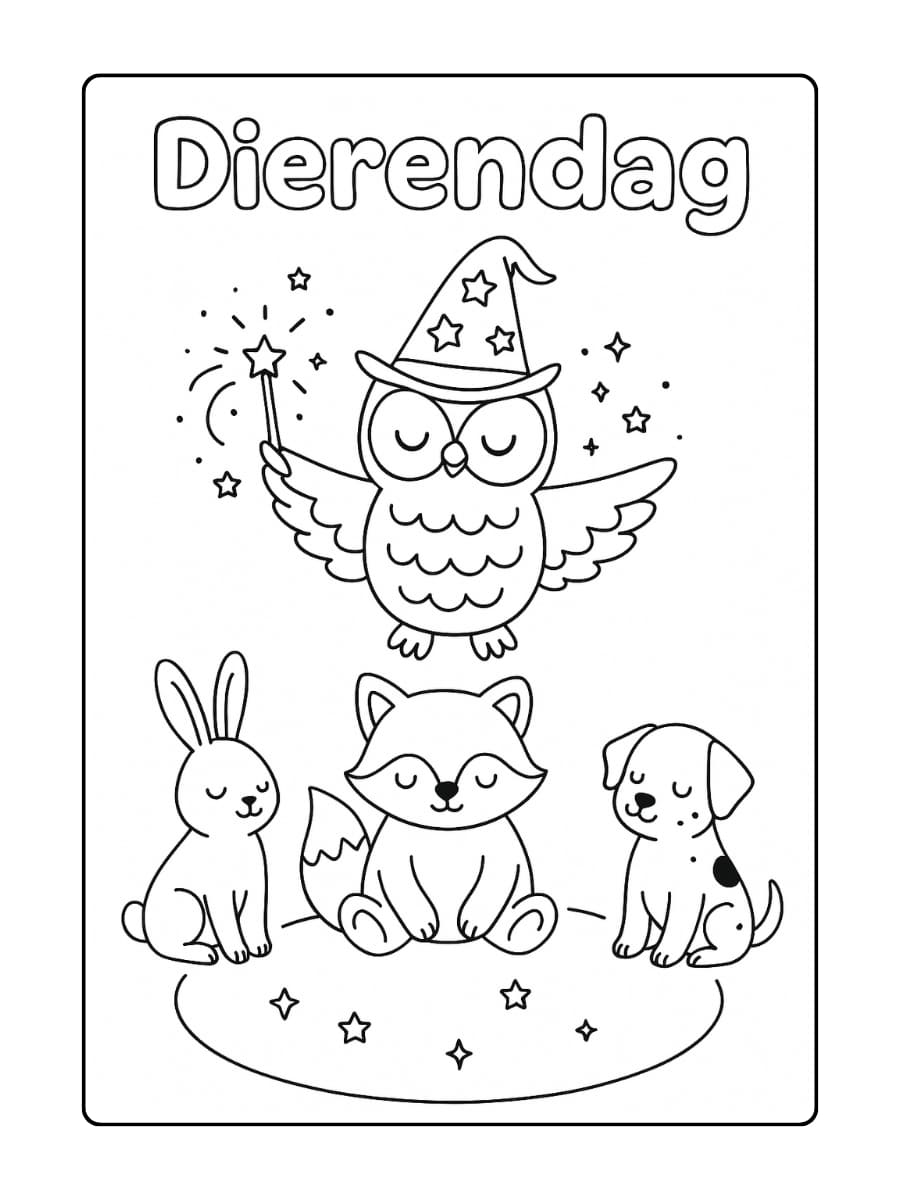Magische Dierendag kleurplaat met een uil tovenaar die spreuken uitspreekt boven een kring van dieren