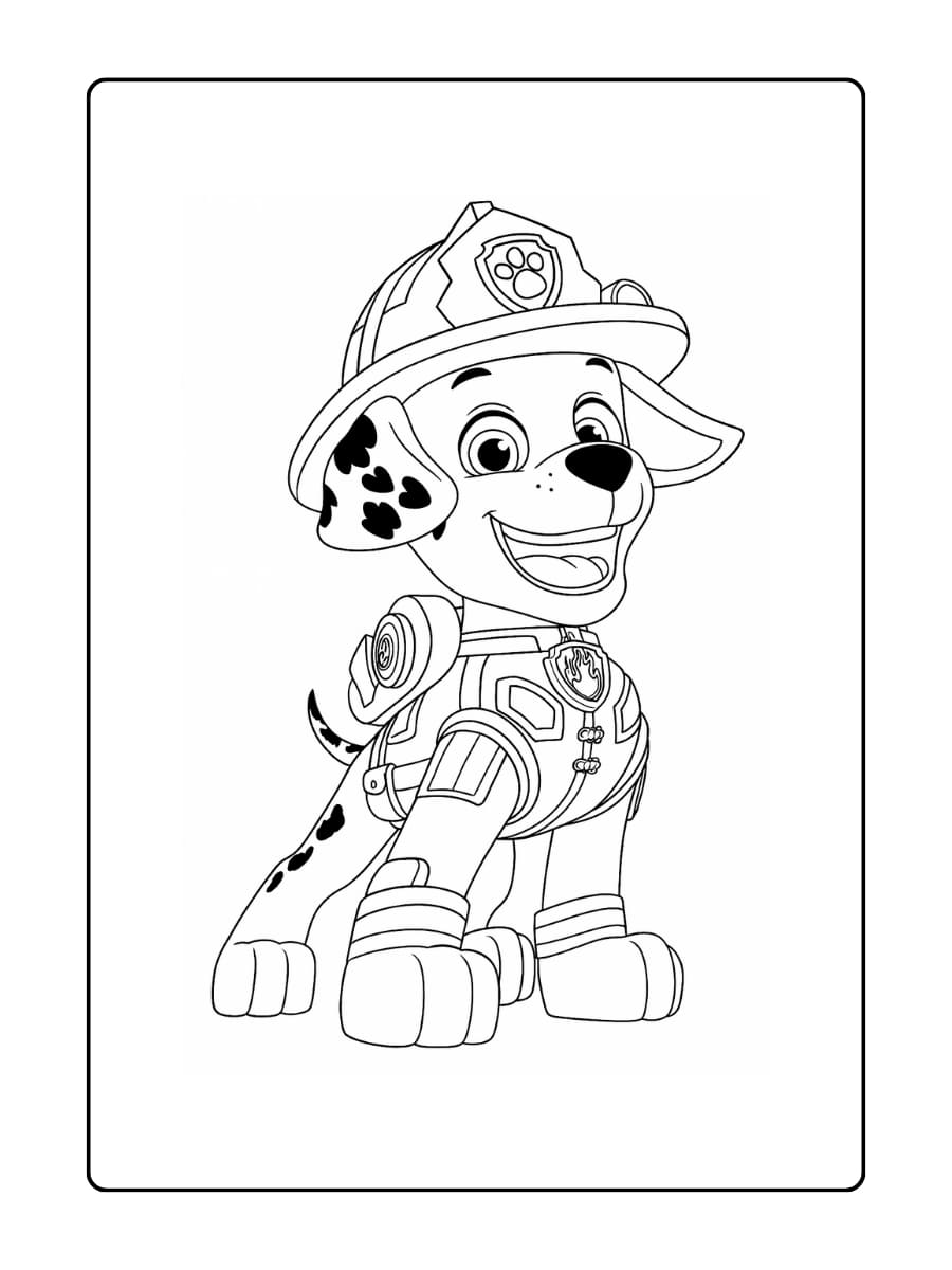 Marshall met zijn brandweerhelm op, die met een brandslang water spuit