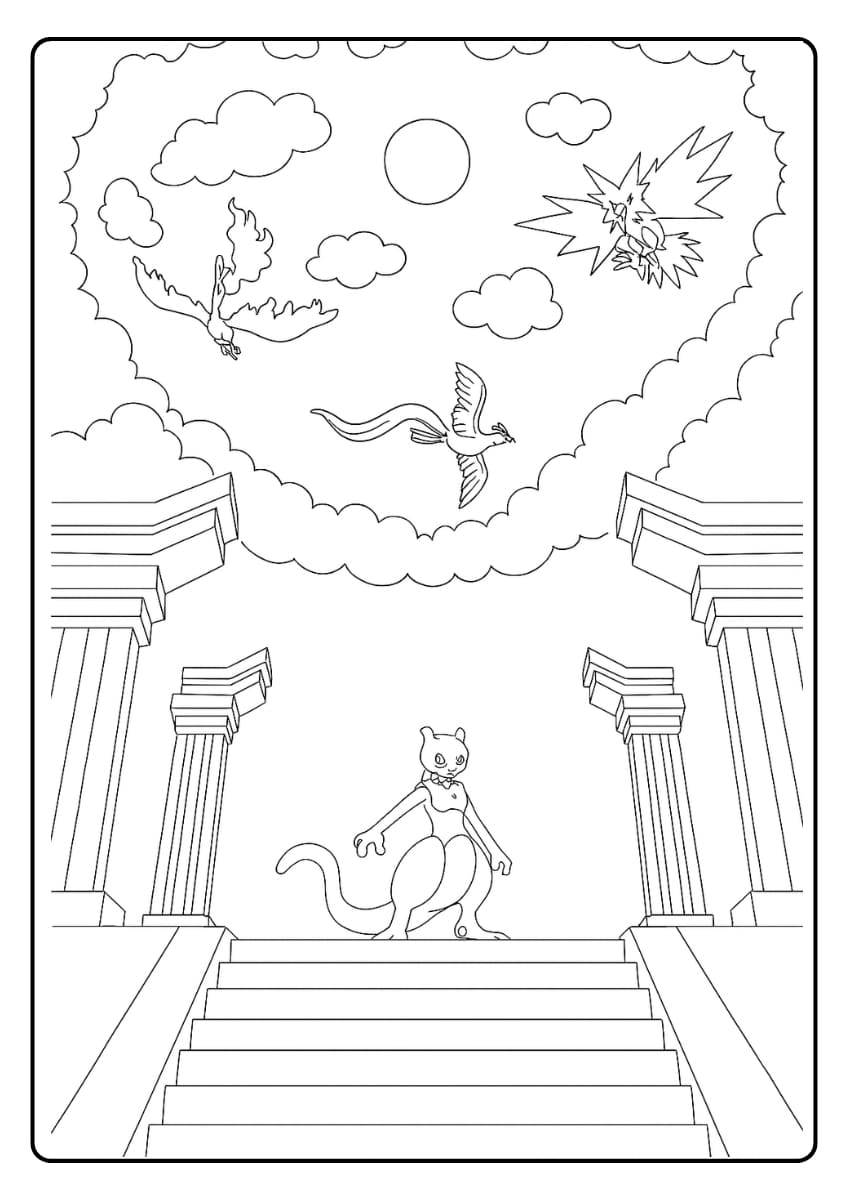 Mewtwo op een trap staan terwijl Moltres, Articuno en Zapdos majestueus door de lucht vliegen