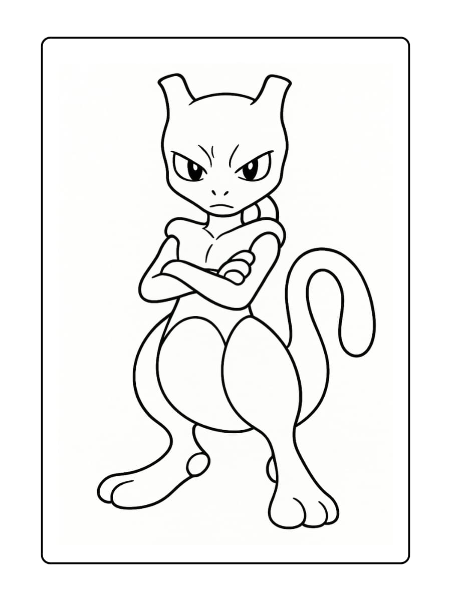 Mewtwo staat rechtop met zijn armen gekruist en een serieuze blik