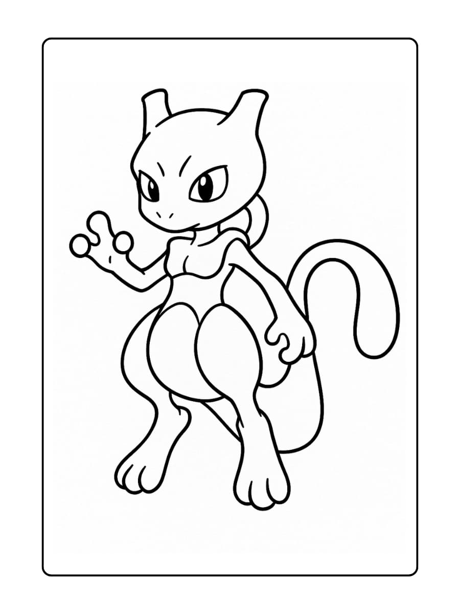 Mewtwo zweeft lichtjes in de lucht met zijn staart sierlijk gekruld