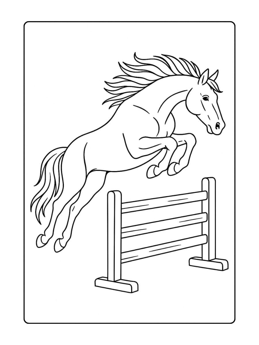 Kleurplaat Paarden Springen over een houten hek, met gespannen spieren en vliegende manen