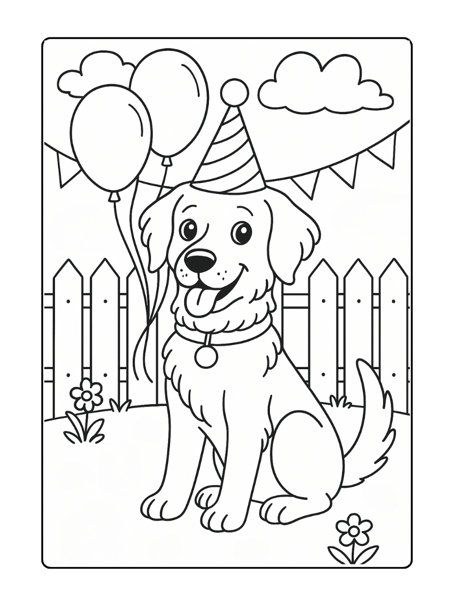 Kleurplaat Paco de hond met een feesthoedje en ballonnen