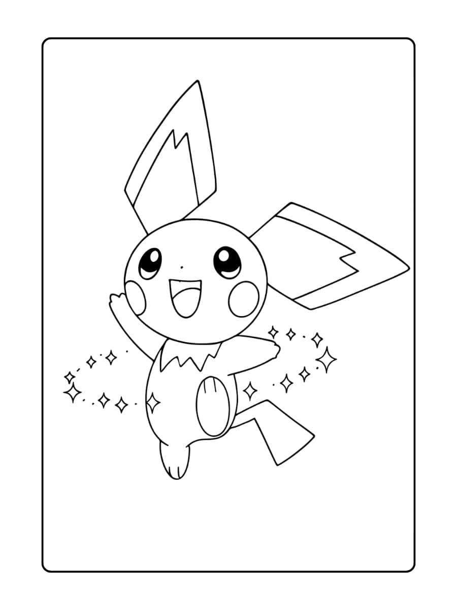Kleurplaat Pichu uit Pokémon springt vrolijk met fonkelende sterren om zich heen